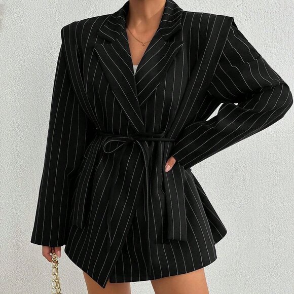 Black Women's Casual contemporary Striped Blazer Jacket